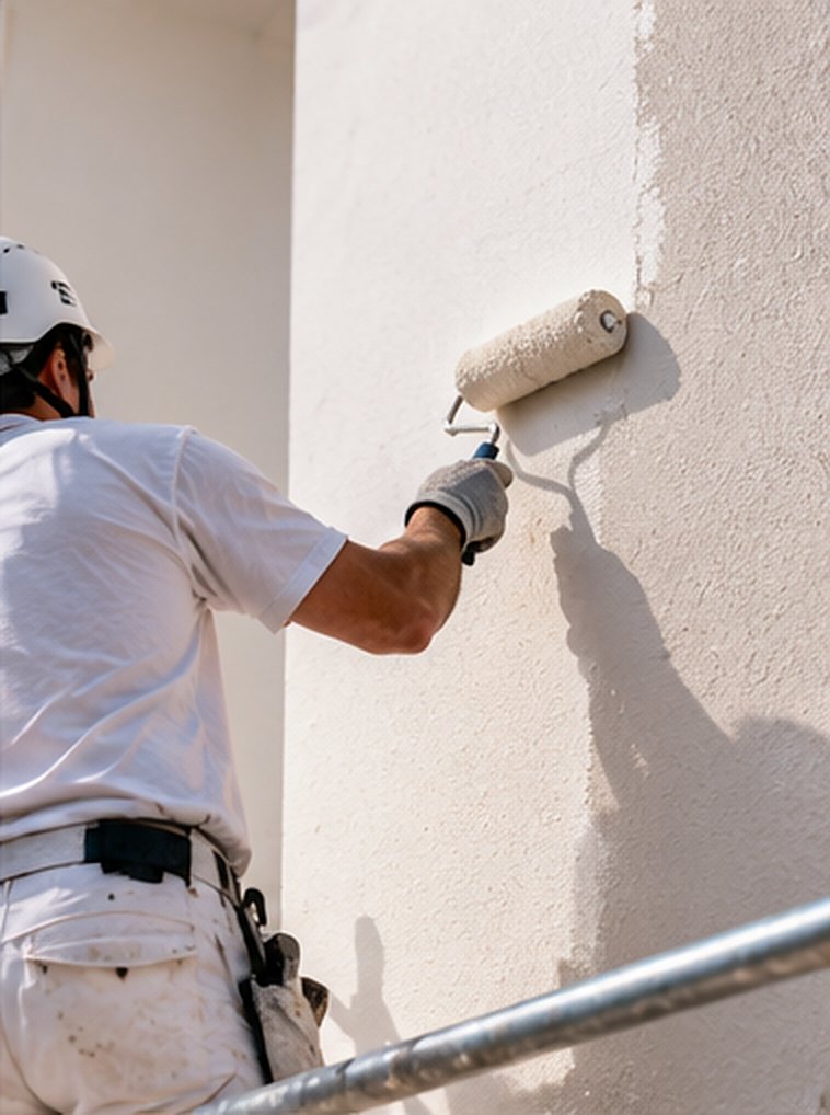 Operario pintando una fachada con rodillo